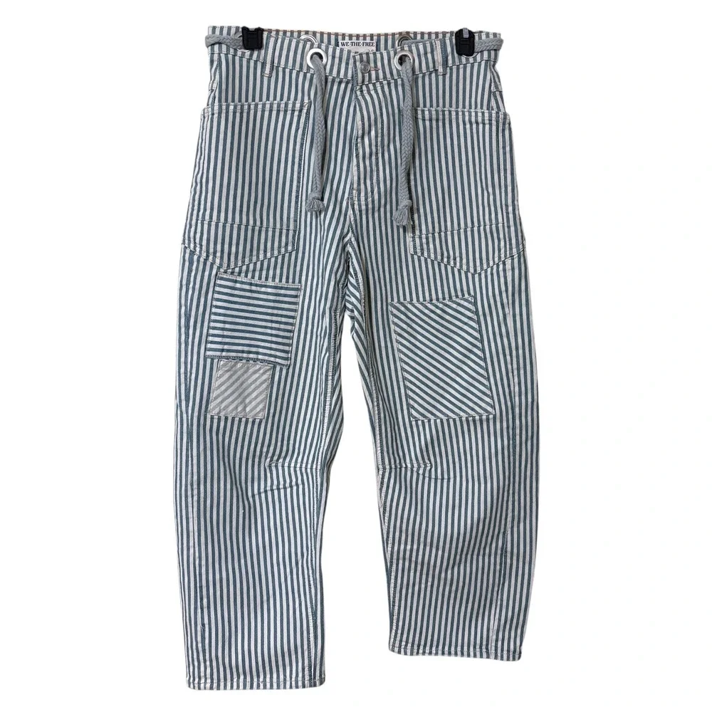Free People We The Free Moxie Railroad-Stripe Patchwork Jeans Blue White
